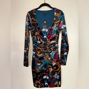 Guess‎ long sleeve bodycon mini dress Small, velvet floral dark teal gold NWT
